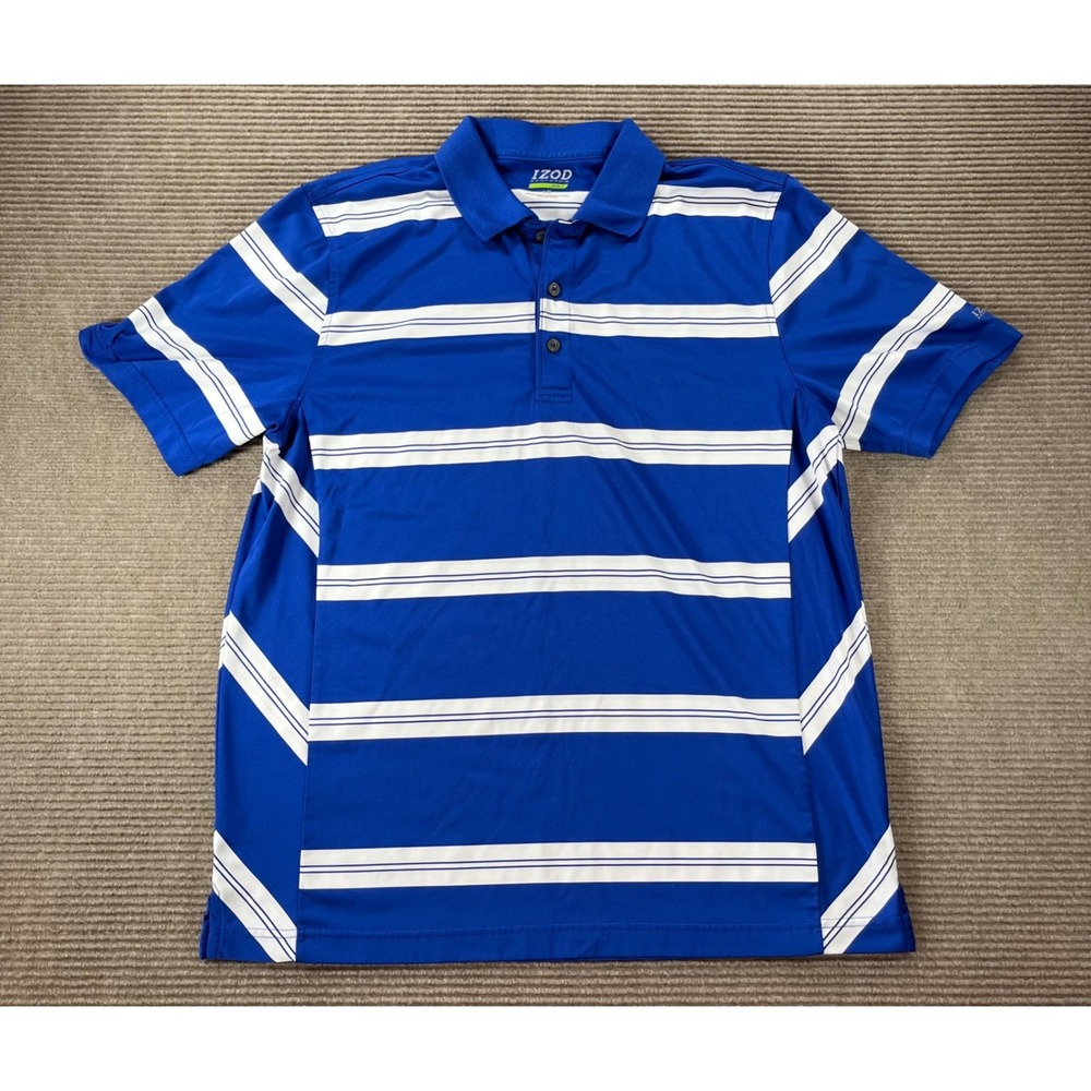 IZOD PerformX Golf Polo Shirt Mens Large Blue‎ White Striped Short Sleeve L